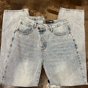 Fashion Nova Light Wash CrissCross Button Jeans